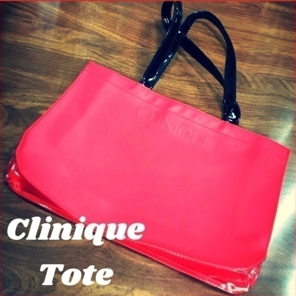 Clinique Red Tote Bag Never Used 10 x 13 2 Straps Nylon Clear Bottom and Sides